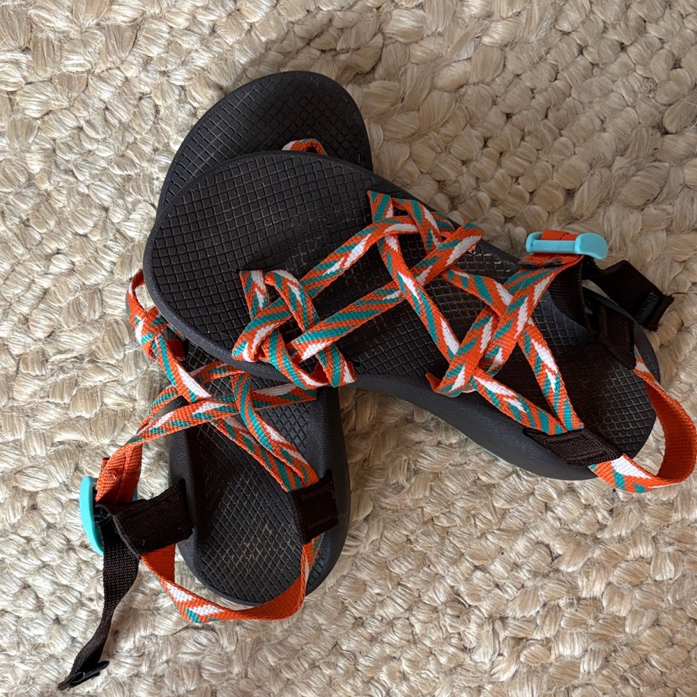 Chaco Women's Strappy Sandals in Black with Orange, Teal & White Webbing